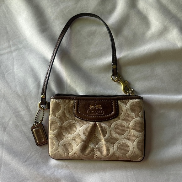 Coach Signature Tan and Brown Wristlet - Picture 1 of 5